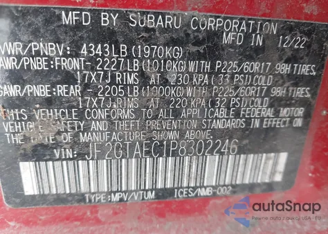 2023 Subaru Crosstrek Premium z USA, uszkodzony, nr VIN JF2GTAEC1P8302246